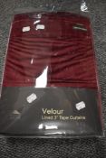 A set on unused wine coloured Velour curtains, new in packaging, 168cm by 183cm.
