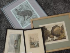 A print, hare, 22 x 18cm, two engravings C19th, and an etching St Malo, 12 x 8cm, each plus frame