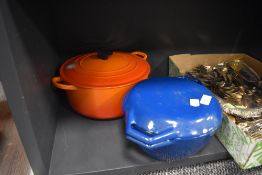 A le Crueset lidded casserole dish and similar labelled Denmark.
