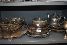 A collection of fine plated ware including rose bowl,serving tureen with hinged lid, spoons, tea pot