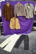A selection of ladies leather and suede jackets, a pair of leather trousers and a pair of cream