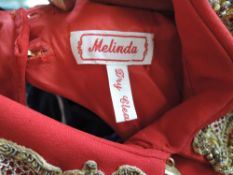 Three vintage dresses including full length Red and gold Melinda dress.