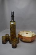 A highly decorated yellow glass and silver overlay decanter set in yellow glass and a Crown Devon