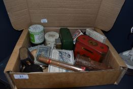 A selection of collectable tins containers and trinket cases including small brass telescope