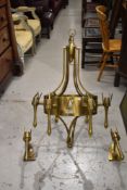 A modern metal frame Gothic inspired coronet ceiling light chandelier, and a pair of matching wall