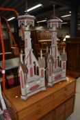A pair of part oak and over painted gothic ecclesiastical architectural puginesque table lamps,