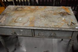 A 19th century painted pine side table having frieze drawer and turned legs, w 115cm