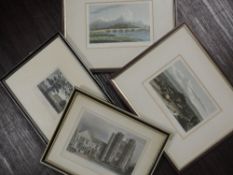 Four engravings C19th, inc Lancaster, 11 x 15cm, plus frame and glazed