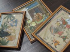 Three fabric paintings, Indian narrative, 50 x 35cm, 30 x 43cm, and 33 x 45cm, plus frame and