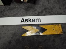 A modern Railway Platform Sign, Askam, in white with black lettering along with an enamel Yellow and