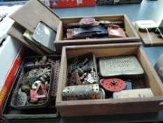 Two wooden boxes and a small tin of vintage Meccano and magazines including brass cogs etc