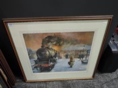 A limited edition framed print after Trevor R Owen, 4905 Locomotive at a snowy Lancaster Station