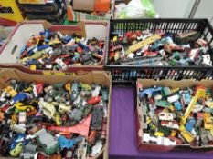 Four boxes of playworn diecasts, Lesney Machbox Superfast, Corgi, Matchbox etc, many hundred