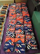 A collection of 1980's Corgi diecasts, Cars, Vans and Construction vehicles all in blue or red