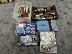 A shelf holding two boxes of modern diecasts including Corgi Solido, Yesteryear, Days Gone etc, half