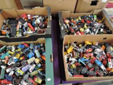 Four boxes of playworn diecasts, Lesney Machbox Superfast, Corgi, Matchbox etc, many hundred