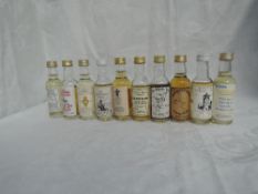 Ten Single Malt Commemorative Whisky Miniatures, Fishermans Friend 40% vol, The Whisky Trail 40%