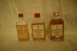 Three Macallan Pure and Single Highland Malt Scotch Whisky Miniature, 1970's 10 year olds 70 % proof