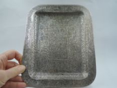 An Egyptian silver tray of small rectangular form stamped 800 having extensive engraved Egyptian