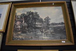 A print of a river side scene in carved wood effect frame