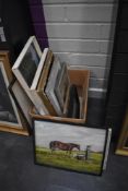 A selection of prints and original artworks including naive oil of horse feeding
