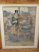 A watercolour, travelling fiddler, 19th century, 67 x 48cm, plus frame and glazed