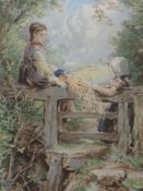 A print, after Miles Birkett Foster, farm children, 17 x 12cm, plus frame and glazed