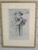 A pen and ink sketch, LR, Just a Beggar Man, illus from the Penny Whistle, Oliver Gossman, 34 x