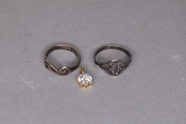 One hm silver ring and another similar and a similar paste pendant without chain.