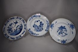 Three antique hand decorated plates including Chinese hard paste and English Chinoiserie delft
