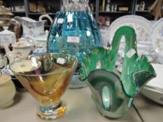 Three decorative pieces of art glass including green lustre bowl.