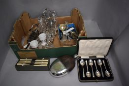 A selection of silver plated items including a Victorian hip flask, eggery, cased and loose flatware
