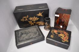 A selection of Japan lacquer jewellery and trinket cases including dragon design and brush pot
