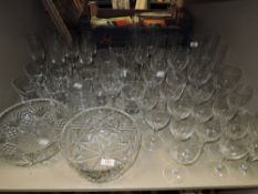 A large lot of glass ware including cut glass bowls,wine glasses tumblers and more.