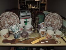 A mixed lot of items including coronation ware, art nouveau hairbrush, pictures and more.