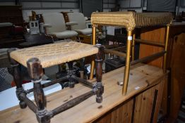 A vintage 20th century golden Lloyd Loom Lusty stool, and a vintage sea grass top stool