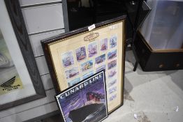 A Cunard advertising print and Castella framed cards
