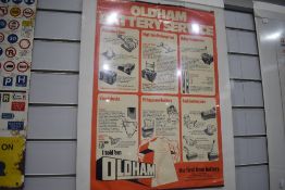 A vintage advertising poster for Oldham battery services