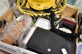 A selection of glassware and fancy dress hats
