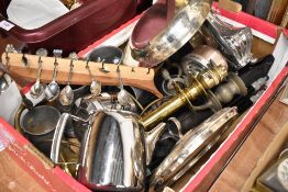 A selection of metal wares including pewter tankards