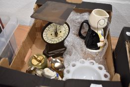 A selection of ceramics and letter balance scales