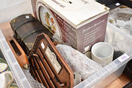 A mixed box of ceramics and decorations including Japanese tea pot