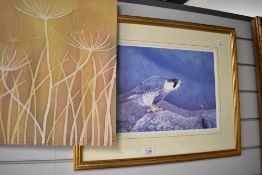 A print of a falcon and similar silk screen painting
