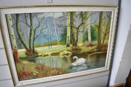 An original oil on board of a swan family
