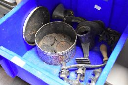 Two kitchen mincers and some scale weights