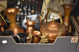 A selection of copper wares including kettle