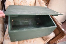A traditional pained wooden tool or similar box with loose lid, width approx. 61cm