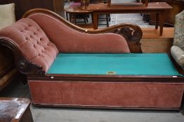 A Victorian chaise longue style ottoman, part upholstered with mahogany frame