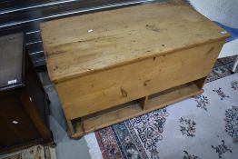 A traditional stripped pine mule chest, drawers missing from base, width approx. 110cm