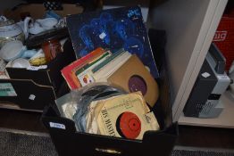 A box of mixed 45RPM singles and a few LP records, Pinky And Perky, Noddy and Gracie fields